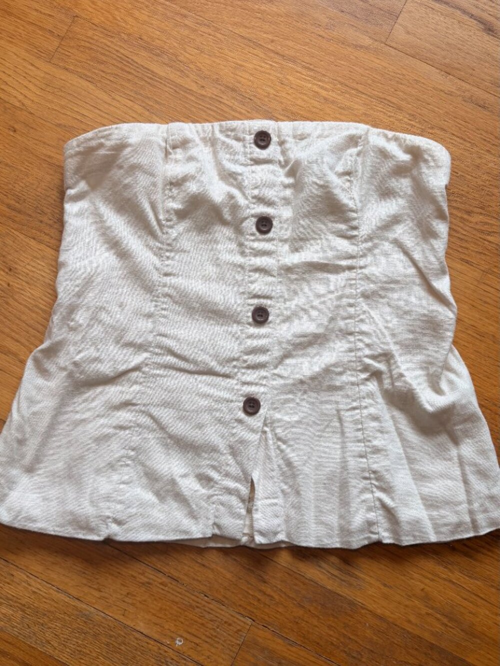 Abercrombie & Fitch Strapless Linen-Blend Button Top Oatmeal Peplum Hem